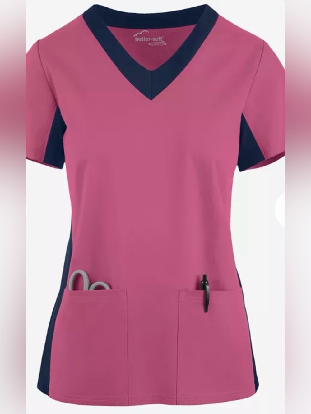 Butter Contrast V-Neck Short Sleeve Scrub Top in Rose and Navy